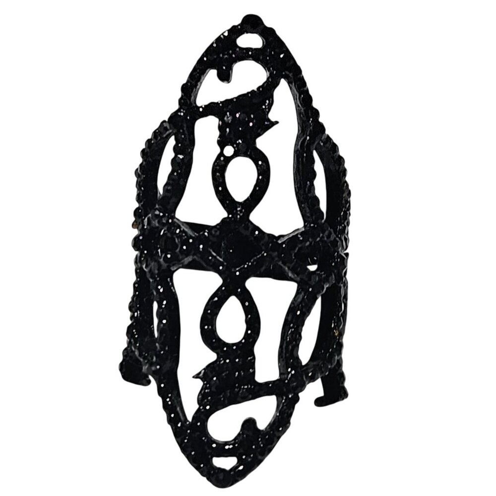 Gothic Black Full Finger Ring Adjustable Size 7 Filigree Design Lightweight